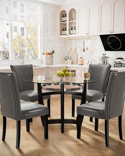 PADMA HOUSE Round Glass Dining Table Set for 2, 45in Modern Kitchen Small Wood Dinner Table with 2 Parsons Leather Dining Chairs 3 Piece Dining Room Table Chair Set, Clear&Grey