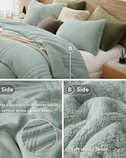 Monbix Fluffy Full Comforter Set Sage Green, Sherpa Plush Fuzzy Comforter 3 Piece for Full Size Bed, Luxury Soft Winter Warm Bedding Set