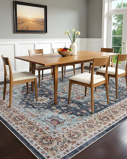 Dining Room Rugs for Under Table - Washable 6x8 Area Rug for Living Room Bedroom Soft Low Pile Non Slip Stain Resistant Carpet - Perfect for Homes with Pets & Kids (Blue/Teal/Orange, 6x8)