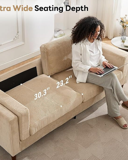Tbfit 85" Corduroy Couch for Living Room, 3 Seater Mid Century Modern Sofa with Spring Cusions & Extra Deep Seat for Bedroom, Small Comfy Upholstered Couches Easy Assembly with Solid Wood Legs, Beige