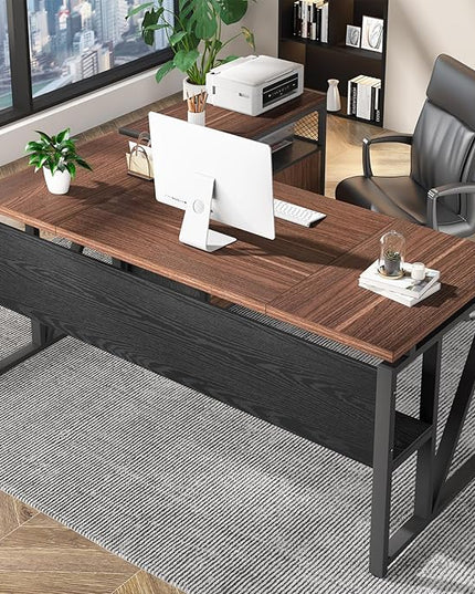 Tribesigns 63 inches Computer Desk with Bottom Storage Shelf Home Office Desk Writing Table for Workstation, Dark Walnut + Steel Leg, Cabinet not Included (Dark Brown, 63-inch-with-Shelf)