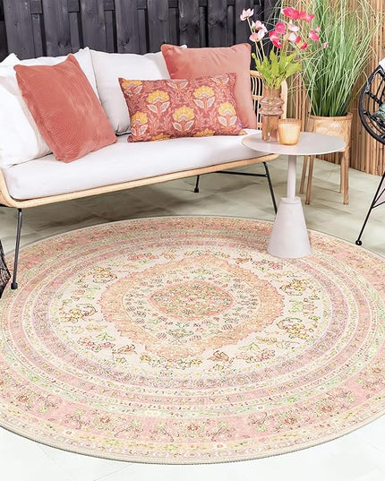 Round Area Rugs 6ft Washable,Pink Rug for Living Room Bedroom Dining Room,Circle Boho Vintage Bohemian Distressed Farmhouse Carpet Non Slip,Blush Floral