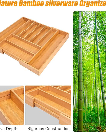 Bellsal Large Premium Bamboo Silverware Organizer - Expandable Utensil Drawer Organizer - 17"x19.6" Utensil Holder and Cutlery Tray with Grooved for Kitchen Flatware and Utensils Mother's Day Gift