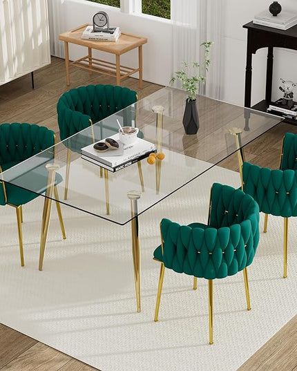 5 Pieces Modern Gold Dining Table Set, 63'' Large Luxury Rectangle Kitchen Table Set, 4 Person Clear Glass Top Minimalist Dinner Table Set, Green Woven Chair, for Home Apartment