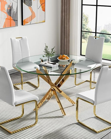 HomVent Round Glass Dining Table Set for 4, 5-Piece Modern Kitchen Table Set with 4 PU Upholstered Chair for Kitchen Dining Room, Glass Dining Room Table Set
