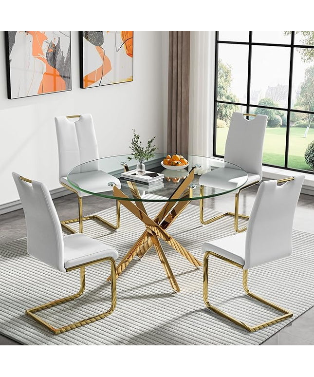 HomVent Round Glass Dining Table Set for 4, 5-Piece Modern Kitchen Table Set with 4 PU Upholstered Chair for Kitchen Dining Room, Glass Dining Room Table Set
