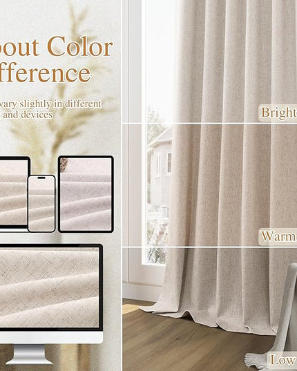 Guken Oatmeal Linen Blackout Curtains 90 Inch Length 2 Panels Set for Living Room Bedroom Back Tab Thermal Insulated 100% Black Out Linen Drapes Room Darkening Window Curtains 90 Inches Long