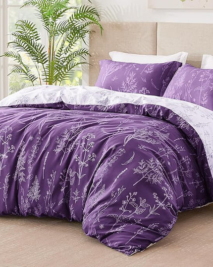 Love's cabin Dark Purple Full Comforter Set - Full Size Comforter Set, 3 Pieces Cute Floral Bedding Sets for All Seasons,1 Soft Reversible Botanical Flowers Comforter and 2 Pillow Shams