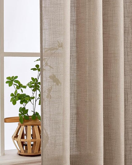 MIULEE Taupe Linen Curtains 54 Inch Length 2 Panels for Bedroom Living Room, Soft Thick Linen Textured Natural Short Window Drapes Semi Sheer Light Filtering Back Tab Rod Pocket Burlap Look Decor