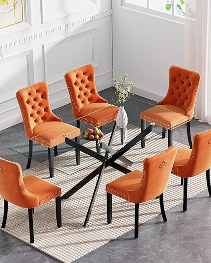 Modern 7-Piece Glass Dining Table Set for 6, Modern 60" Rectangle Black Glass Dining Room Table Set with Orange Velvet Tufted Chairs Wood Legs for Kitchen Dining Room