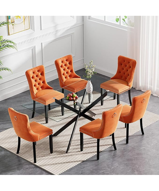 Modern 7-Piece Glass Dining Table Set for 6, Modern 60" Rectangle Black Glass Dining Room Table Set with Orange Velvet Tufted Chairs Wood Legs for Kitchen Dining Room