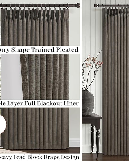 Blackout Dual Layer Linen Bedroom Curtains 84 Inches Long 2 Panels Set, Chocolate Tart Memory Trained Pinch Pleated Thermal Noise Canceling Farmhouse Privacy Windows Curtain for Living Room Darkening