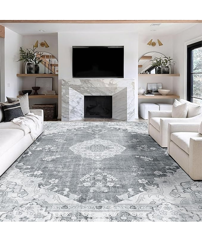 MUJOO 9’x12’ Area Rug Large Rugs for Living Room Bedroom Dining Room,Boho Washable Non Slip Bohemian Vintage Distressed Farmhouse Non Slip Big Carpet,Grey Floral Flowers
