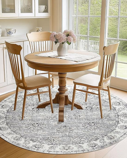 jinchan Fiora Round Rug 6ft Area Rugs Vintage Floral Distressed Design - Machine Washable Non-Slip Low-Pile Ultra-Thin Circle Rug for Entryway Bedside Living Room Dining Room Bedroom (6' Round, Grey)