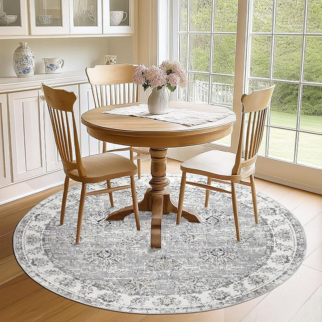 jinchan Fiora Round Rug 6ft Area Rugs Vintage Floral Distressed Design - Machine Washable Non-Slip Low-Pile Ultra-Thin Circle Rug for Entryway Bedside Living Room Dining Room Bedroom (6' Round, Grey)