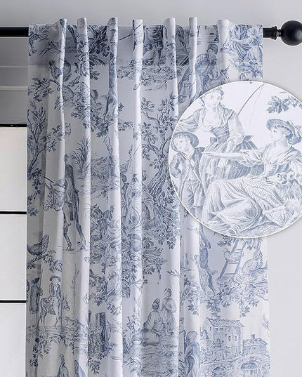 Maison d' Hermine Curtains for living room 100% Cotton 124 inch length One Panel Light Filtering Toile Curtains for Bedroom with rod and loop Pockets (The Miller Blue (White Background), 50"W x 124"L)