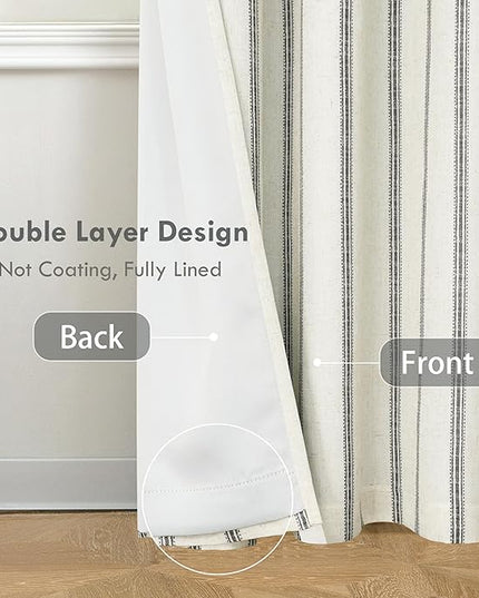 DriftAway Farmhouse Linen Blend Blackout Curtains 96 Inches Long for Bedroom Vertical Striped Printed Linen Curtains Thermal Insulated Lined Treatments for Living Room 2 Panels W52 x L96 Black