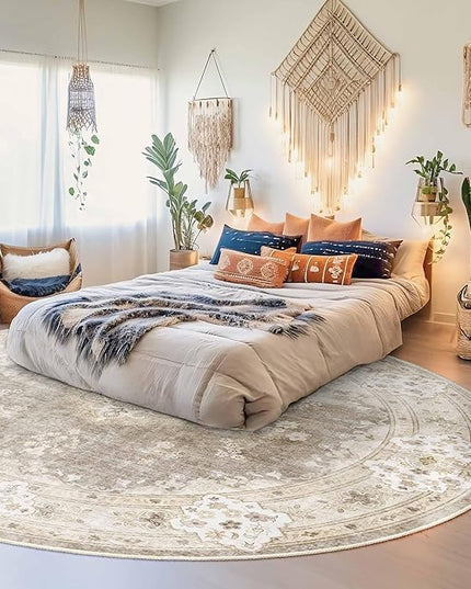 MUJOO Beige Round Rug 9ft,Large Circle Washable Area Rugs for Bedroom Living Room Bathroom,Boho Non Slip Circular Carpet,Floral