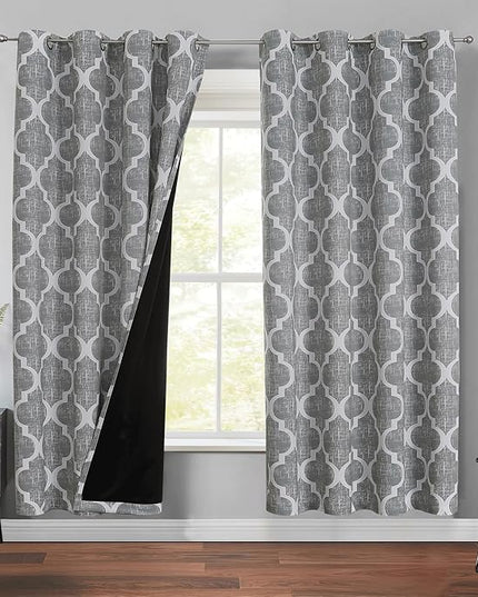 Beauoop 100% Blackout Curtains 72 Inches Long 2 Panels for Bedroom Living Room Grey Moroccan Geo Room Darkening Thermal Insulated Soundproof Grommet Top Window Treatments Drapes, 50x72 Set of 2