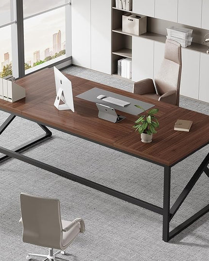 HSH 70 Inch Long Walnut Desk, 2 Person Large Work Desk for Home Office, Rustic Wood and Metal Executive Writing Study Gaming Computer Table, Modern Bedroom Living Room PC Laptop Dual Monitor Table