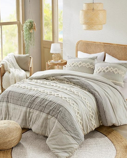 Hyde Lane Farmhouse Comforter Set Gray, Full/Queen Size Boho Bedding Sets, Cotton Top with Modern Neutral Style Clipped Jacquard Stripes, 3-Pieces Including Matching Pillow Shams (90x90 inches)