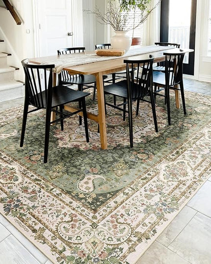 8x10 Area Rugs Washable,Green Rug for Living Room Bedroom Dining Room,Large Boho Vintage Bohemian Distressed Carpet Non Slip,Floral
