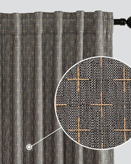 MIULEE Decorative Back Tab Linen Curtains with Geometric Pattern for Living Room Bedroom Farmhouse Rustic Thick Woven Textured Patterned Mudcloth Drapes 63 Inch Length 2 Panels Set, Dark Grey