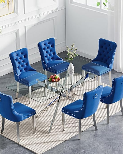 Rectangle Glass Dining Table Set for 6, 60'' Kitchen Table and Chairs Set, 7PCS Modern Dining Room Table Set with 6 Velvet Dining Chair for Home