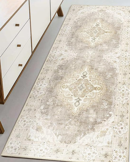 MUJOO Beige Runner Rug 2'x6', Long Washable Rug Runners for Hallways Entryway Kitchen Bathroom Bedside,Boho Vintage Bohemian Distressed Farmhouse Non Slip Carpet,Floral