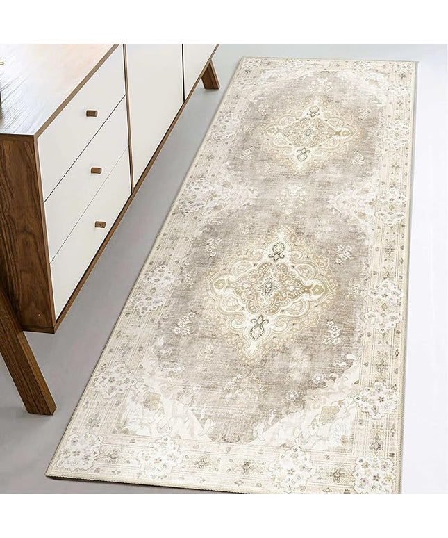 MUJOO Beige Runner Rug 2'x6', Long Washable Rug Runners for Hallways Entryway Kitchen Bathroom Bedside,Boho Vintage Bohemian Distressed Farmhouse Non Slip Carpet,Floral