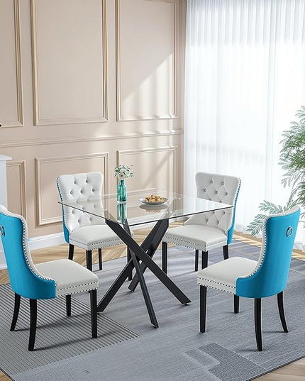 5 Piece Square Glass Dining Table Set for 4, Modern Dining Room Table and Chairs Set, Tempered Glass Top Kitchen Table with 4 Velvet Chairs, Space Saving Dining Set for Small Apartment or Home