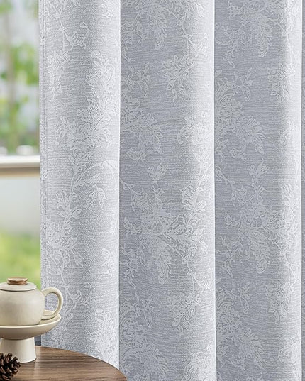 FMFUNCTEX Grey Floral Jacquard Blackout Curtains 84 Inches Long for Bedroom, Scroll Flower Chenille Farmhouse Curtains for Living Room Darkening Thermal Insulated Grommet Window Drapes 2 Panels