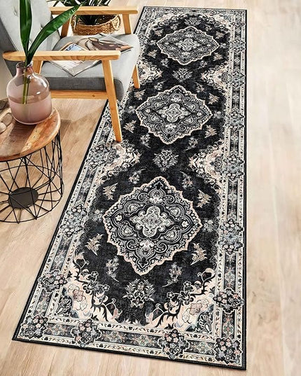 MUJOO Hallway Runner Rug 2'x8' Black,Long Boho Rug Runners Washable Non Slip Carpet for Entryway Kitchen Bathroom Bedside,Vintage Bohemian Distressed Farmhouse Non Slip Carpet,Floral