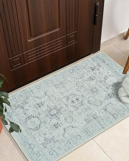 GLN Rugs Bohemian Collection - Machine Washable Area Rug, Bohemian Vintage, Non Slip, Low Pile Chenille Rug, Living Room, Bedroom, Bathroom Rug (2'x3' Beige and Gray)