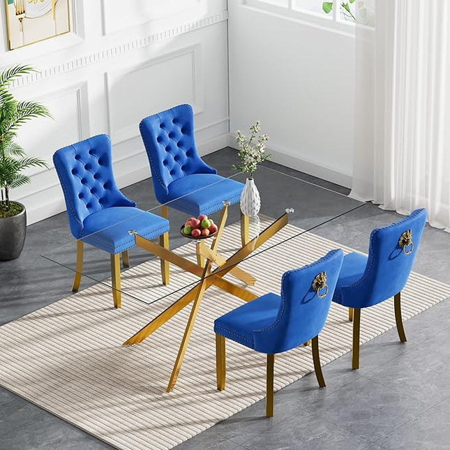 Modern 5-Piece Glass Dining Table Set for 4, Modern 60" Rectangle Gold Glass Dining Room Table Set with Blue Velvet Tufted Chairs Wood Legs for Kitchen Dining Room