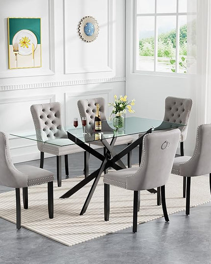 Modern 7-Piece Glass Dining Table Set for 6, Modern 60" Rectangle Black Glass Dining Room Table Set with Grey Velvet Tufted Chairs Wood Legs for Kitchen Dining Room