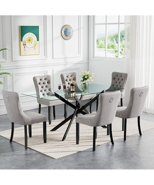 Modern 7-Piece Glass Dining Table Set for 6, Modern 60" Rectangle Black Glass Dining Room Table Set with Grey Velvet Tufted Chairs Wood Legs for Kitchen Dining Room