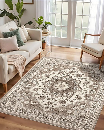 4x4 Washable Entry Rug - Area Rugs for Kitchen Bedroom Bedside Bathroom Entryway Non Slip with Rubber Backing Low Pile Ultra Soft Stain Resistant Small Carpet (Beige, 4x4)