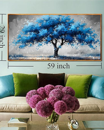 Ouzzlie Tree Wall Decor Light Blue Wall Art for Living Room Gray Painting Large Artwork 29" x 59"