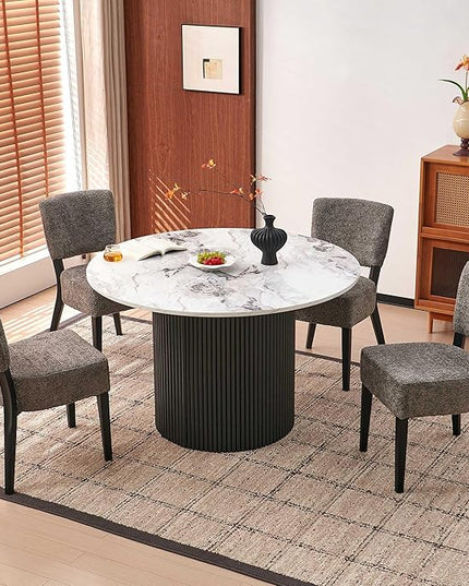Howtek Round Dining Set for 4, 47-Inch Faux White Marble Wood Kitchen Table with 4 Gray Stackable Upholstered Dining Chairs, Dining Room Table and Chairs Set for Kitchen, Living Room