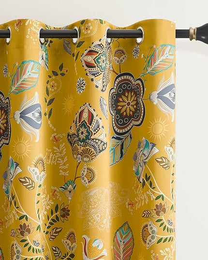 XiDi Mustard Yellow Patterned Blackout Curtains 84 Inches Long Vintage Floral Curtains for Bedroom Living Room 2 Panels Thermal Insulated Grommet Top Luxury Mid Century Colorful Drapes 52x84