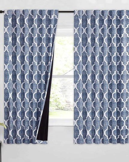 Beauoop 100% Blackout Curtains 63 Inches Long 2 Panels for Bedroom Living Room Blue Moroccan Geo Room Darkening Thermal Insulated Soundproof Rod Pocket Back Tab Window Treatments Drapes, 50x63