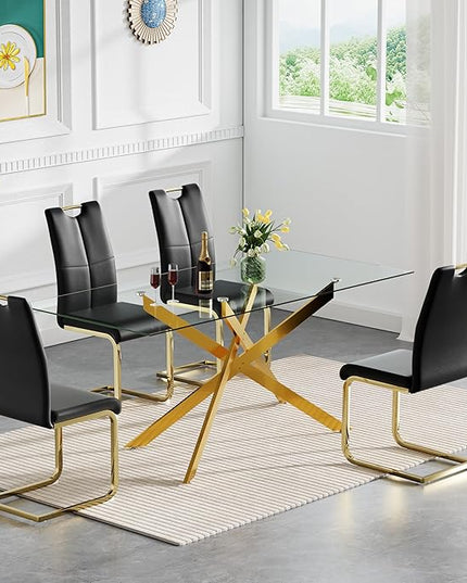 HomVent 5 Piece Rectangular Glass Dining Table Set, Rectangular Glass Kitchen Table Set for 4 with 4 PU Upholstered Dining Chairs for Kitchen Dining Room