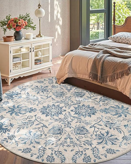 jinchan Torino Classic Floral Round Rug 8ft, Vintage-Inspired Design 8’Circle Rug, Machine Washable Ultra-Thin Low-Pile Non-Slip Indoor Carpet for Bedroom Dining Room Living Room, Dark Blue
