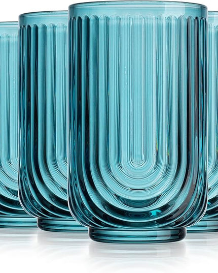 Glaver's Vintage Glassware Art Deco Glasse Ribbed Drinking Glasses U-Shape Arch Design Colored Cocktail Kitchen Tumblers Everyday Dinner Decorative Party, Blue (Blue S/4 17oz)