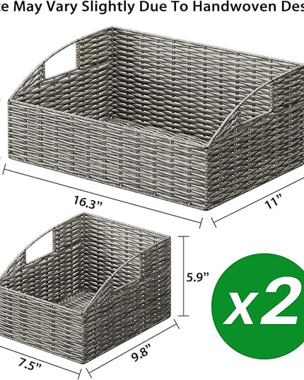 Ollieroo Rattan Storage Baskets, Handwoven Wicker Storage Bins with Built-in Handles, Storage Container Baskets for Shelves, Bedroom, Bathroom, Laundry Room or Kitchen(Grey)