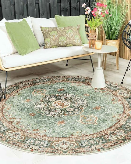 Green Round Rug 6ft,Large Circle Area Rugs for Bedroom Living Room Dining Room,Washable Boho Vintage Bohemian Distressed Oriental Floral Carpet Non Slip,Sage