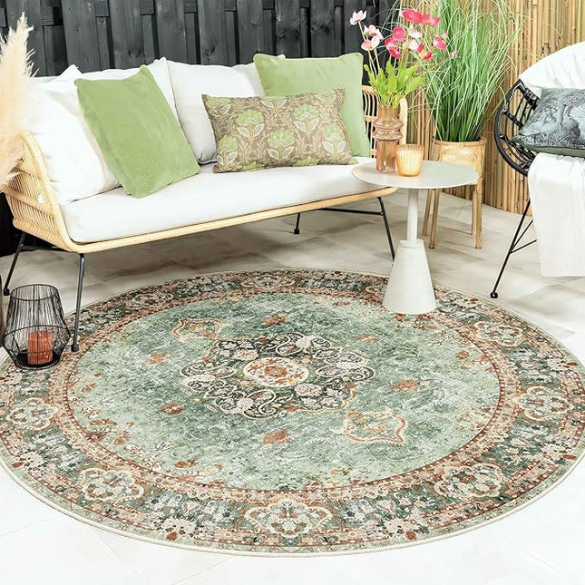 Green Round Rug 6ft,Large Circle Area Rugs for Bedroom Living Room Dining Room,Washable Boho Vintage Bohemian Distressed Oriental Floral Carpet Non Slip,Sage
