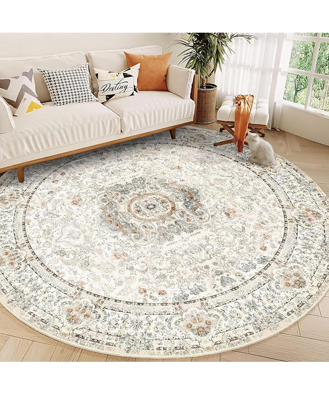 Round Rug 9ft,Large Boho Circle Area Rugs for Bedroom Living Room,Beige Washable Vintage Bohemian Distressed Oriental Floral Carpet Non Slip