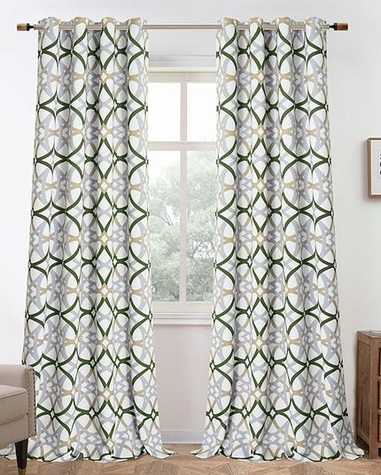 DriftAway Alexander 80% Blackout Curtains for Living Room 250GSM Pattern Match Thermal Insulated Room Darkening Geo Moroccan Mid Century Grommet Bedroom Drapes 2 Panels 52 Inch by 96 Inch Loden Green